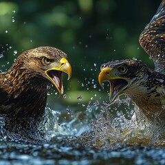 Two Angry Eagles Battling Water