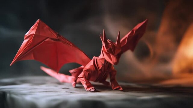Crimson Origami Dragon Emerges from Shadow