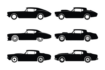 Muscle Car Silhouettes: Six sleek silhouette of classic muscle car designs showcase vintage automotive art form, evoking a sense of speed, power, and timeless design.