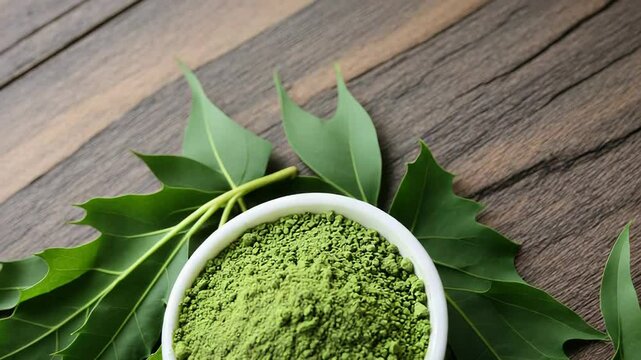 Neem powder in a bowl and neem leaves on wooden table