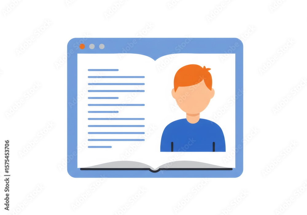 Fototapete blue open book in browser window with text and orange haired avatar on transparent