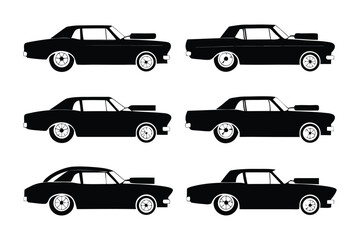 Fototapeta premium Classic Cars in Silhouette: A series of six iconic vintage cars are presented in sleek black silhouette form, showcasing their timeless design, perfect for illustrating a nostalgic automotive theme.
