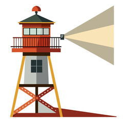 World war ii era watchtower with a powerful spotlight beam on a clean white background
