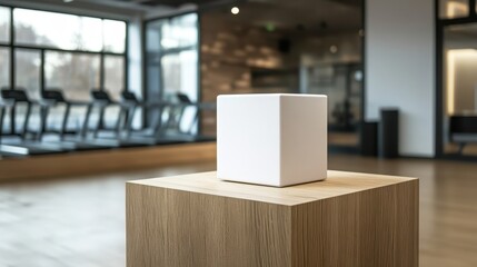 White cube on wood in bright gym with treadmills by windows. Showcase product, mockup, or design in a modern, fitness-focused space.