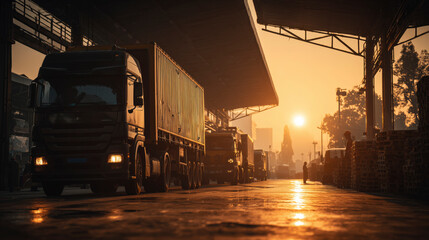Logistics Hub in ASEAN Region with Cargo Trucks at Warehouse During Sunrise