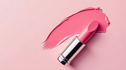 Obraz premium Pink lipstick with swatch on pastel pink background makeup cosmetic