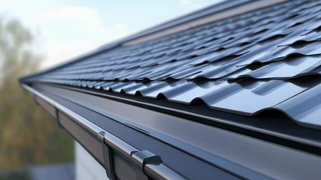 Rain gutter system protecting house roof from water damage