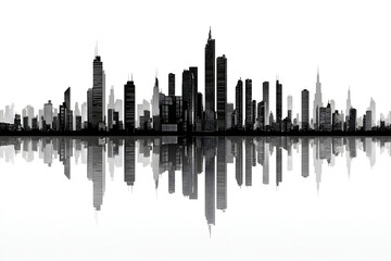 Obraz premium 近未来的な都市のスカイラインと水面反射のシルエット