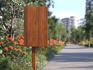 Empty wooden signpost in a landscaped parkway.