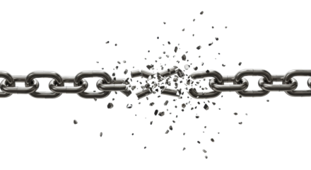 A highly polished metallic silver chain with reflective links rupturing explosively, fragments flying outwards, frozen in time against a pristine transparent seamless background, high angle shot.
