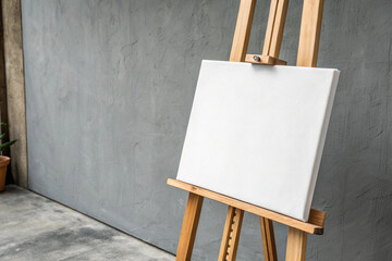 A blank canvas on a wooden easel stands ready for an artist's painting