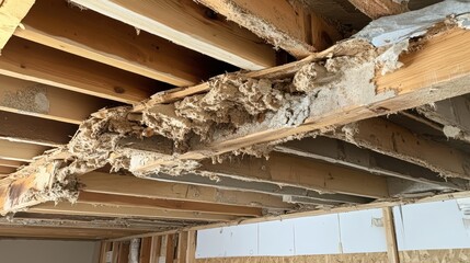 Damaged wood beams showing signs of rot and deterioration on ceiling. It can be used to illustrate home repair, disaster, or insect damage.
