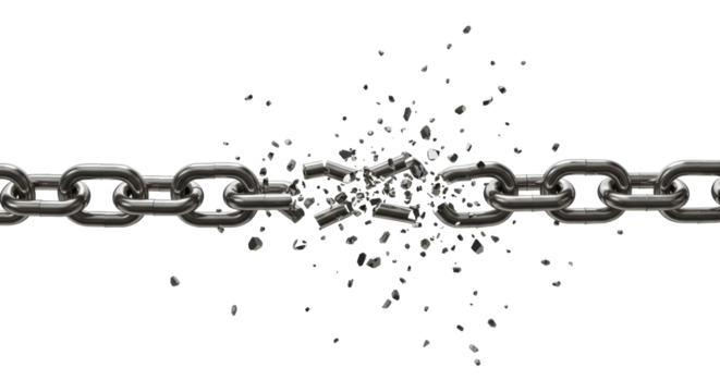 A highly polished metallic silver chain with reflective links rupturing explosively, fragments flying outwards, frozen in time against a pristine transparent seamless background, high angle shot. - Powered by Adobe