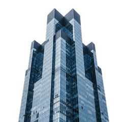 Low angle view of a modern skyscraper with a geometric design against a bright white background.
