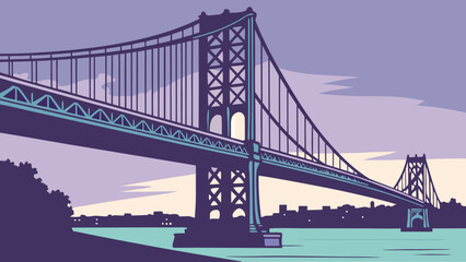 Illustration of a suspension bridge spanning a river with a cityscape in the background at dusk time