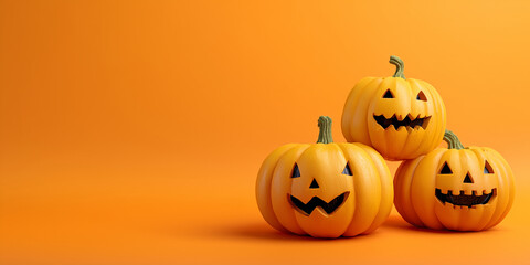 Ein leuchtend orangefarbener Hintergrund mit drei K&uuml;rbissen schafft eine einladende und festliche Atmosph&auml;re f&uuml;r ein Halloween-Website-Banner. 