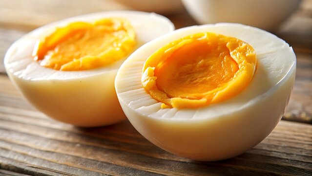 Close up of two halves of a perfectly cooked hard boiled egg with bright yellow yolks