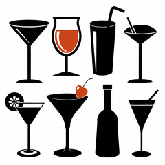 Assorted cocktail and drink glasses with garnishes and straw cocktail glasses drinkware