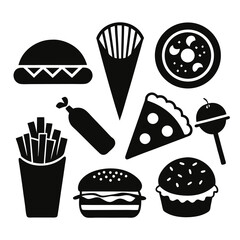 Assorted fast food icons featuring burgers and fries hamburger french fries
