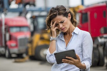 Businesswoman reviewing shipment error message on tablet