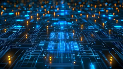 Detailed circuit board design with glowing components.