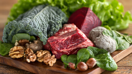 Iron-rich foods including leafy greens and red meat arranged for natural nutrition