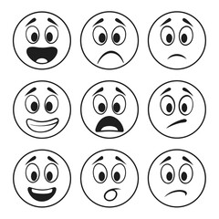 Black and white cartoon faces expressing emotions expressions happy