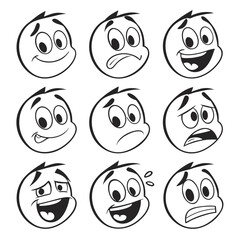 Black and white cartoon faces showing various emotions expressions happy