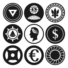 Black and white currency and symbol icons finance money