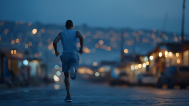 A young man runs through an empty city street before sunrise