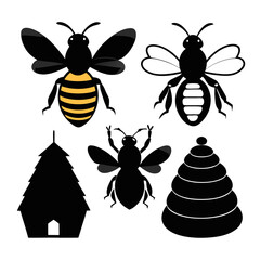 Black bee and hive silhouettes with yellow striped bee insect honey
