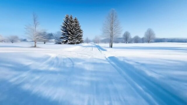 A snow-covered landscape features a cross-country ski trail leading towards frosted trees under a clear blue sky.