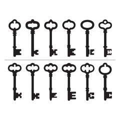 Collection of twelve different black and white key icons on a light gray background vector design