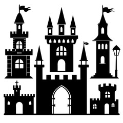 Obraz premium Black castle silhouettes with flags and windows medieval architecture