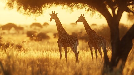Obraz premium Peaceful giraffes in golden grass safari scene high resolution picture