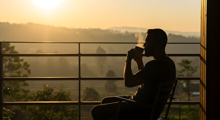 Serene Sunrise Coffee Moment on a Balcony with Scenic Horizon View