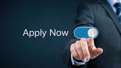 Businessman activating Apply Now button represents opportunity online.