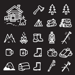 White outline drawings of camping and outdoor equipment set of icon