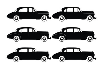 Vintage Car Silhouette: A fleet of classic cars in elegant black silhouettes, reminiscent of a bygone era, stand in striking graphic simplicity. 