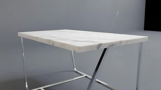 Modern coffee table with marble top and chrome legs on gray background