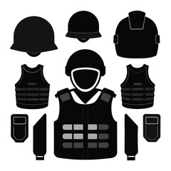 Black bulletproof vests and helmets tactical gear protection