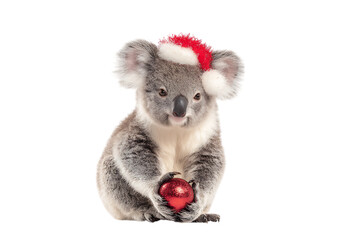 Adorable koala bear wearing a Santa hat and holding an ornament.