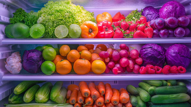 Neatly arranged fruits and vegetables in fridge - Powered by Adobe