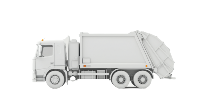 A pristine, cutting-edge, ultra-modern white garbage truck, glossy and reflective with sleek, futuristic design, isolated against transparent background with shadowless studio lighting. Concept for