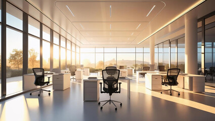 Contemporary interior design of an empty office with chairs, tables, and computers