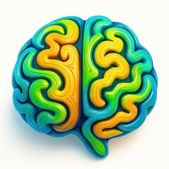 Colorful stylized brain illustration with blue green and yellow hues against a white background