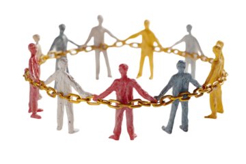 Figures linked together symbolizing teamwork, unity, and collaboration.
