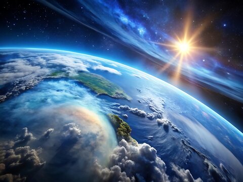 A breathtaking view of planet earth from space with a bright sun