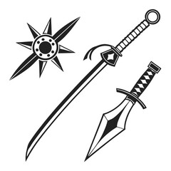 Black Silhouette Collection of Japanese Swords and Star Weapon ninja weapons shuriken