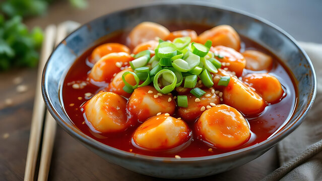 Delicious Korean rice cake dish, Tteokbokki, is served in a bowl, garnished with scallions and sesame seeds, offering a spicy and flavorful experience.